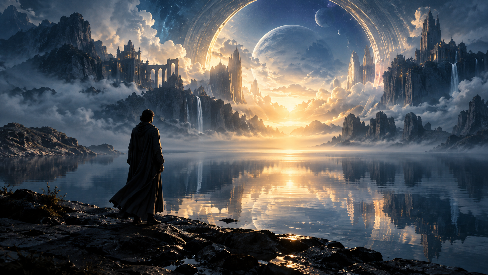 Libro aperto con simboli cosmologici e un paesaggio luminoso