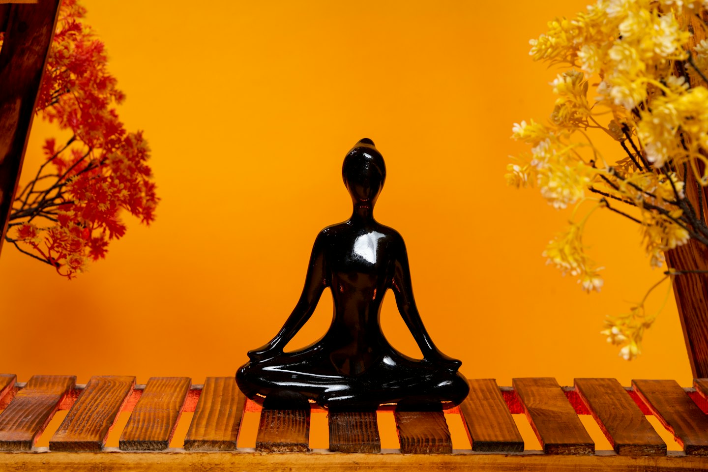 Statua di meditazione nera lucida al centro di una struttura in legno.